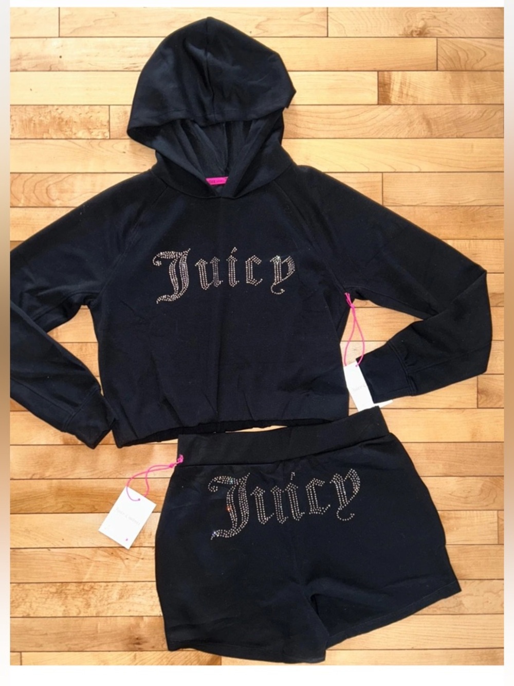 NEW ! NWT JUICY COUTURE OG Big Bling Hoodie & Shorts Set Black Size M
